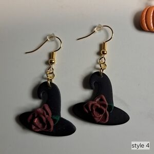 Black Witch Hat Earrings with Rose Detail Clay